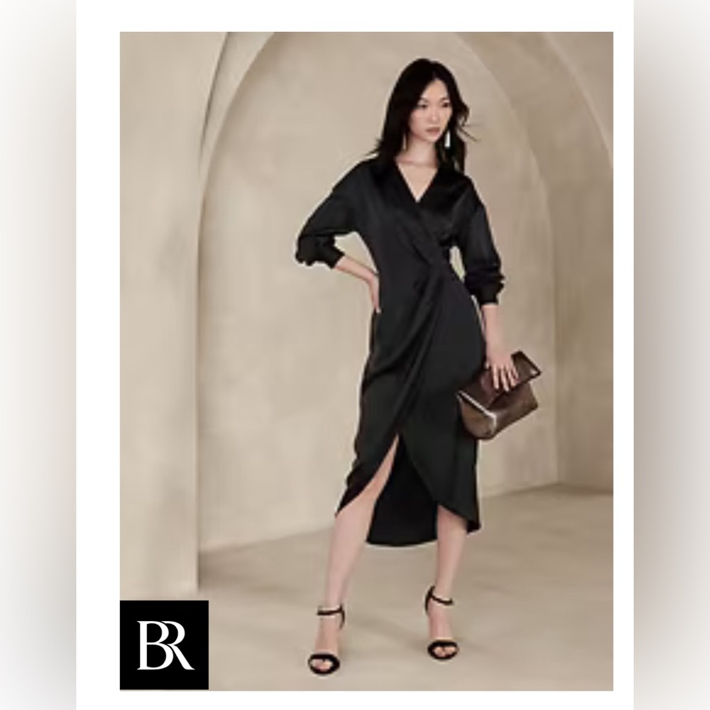 Satin Collar-Wrap Midi Dress